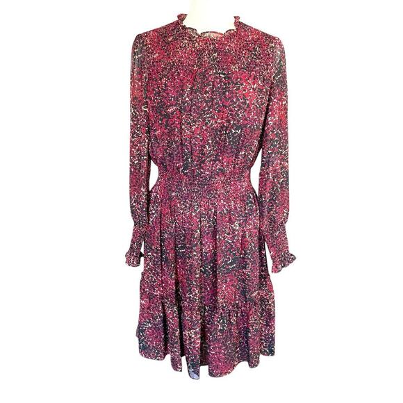 Taylor Women's Black Maroon Print L/S Chiffon Smocked Waist Dress 8 Bohemian - Picture 1 of 12